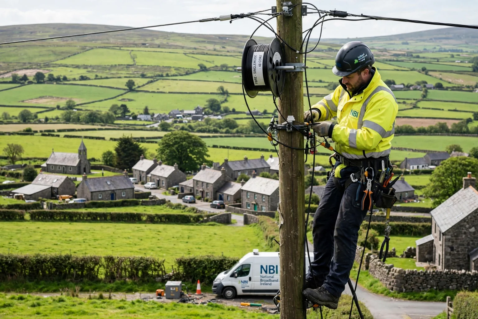 An engineer installing fibre broadband in the rural Irish countryside