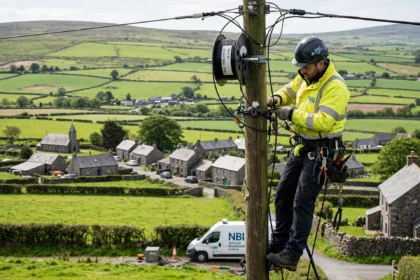 An engineer installing fibre broadband in the rural Irish countryside