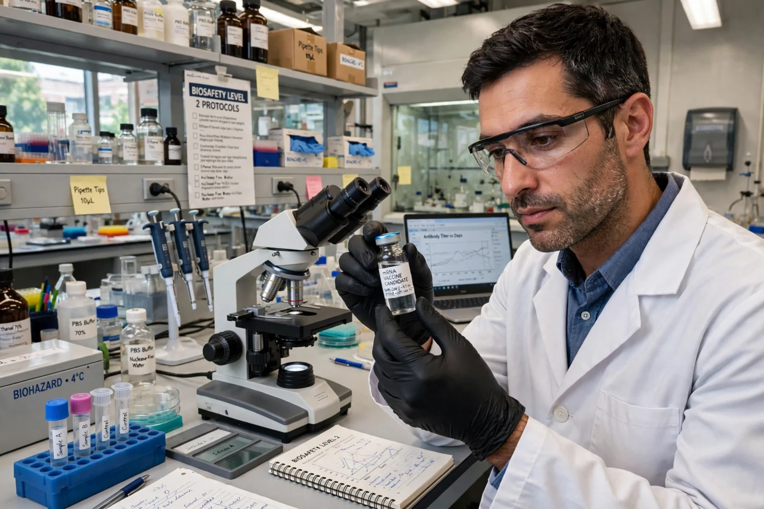 Researchers working on a personalised cancer vaccine in a laboratory