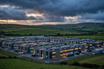 AI data centre in Ireland at dusk with wind turbines in green fields