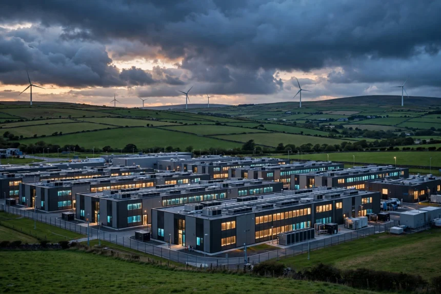AI data centre in Ireland at dusk with wind turbines in green fields