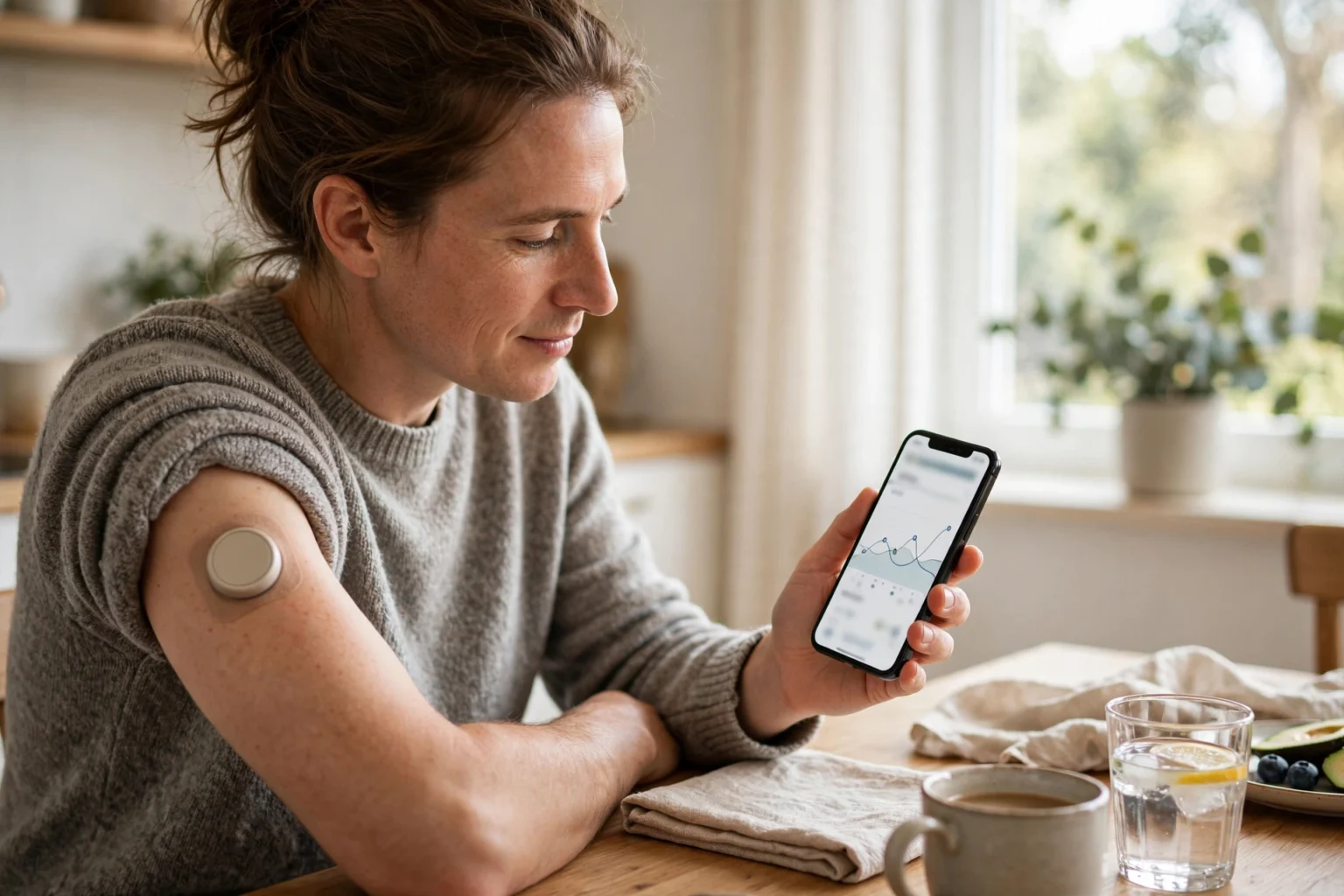 Adult checking a continuous glucose monitor sensor on their arm with a smartphone