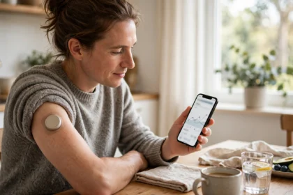 Adult checking a continuous glucose monitor sensor on their arm with a smartphone